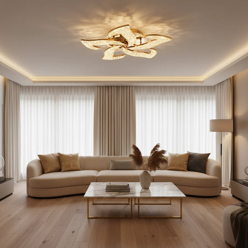 Lustra LED HALESA Magno cu telecomanda si cristal, 66W, 5 Surse, Lumina Rece/Calda/Neutra, Dimabila, Auriu-2