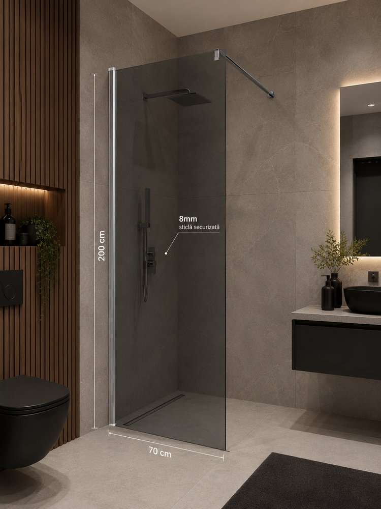 Paravan Dus Walk-In Fumuriu, 70x200 cm, Sticla Securizata 8 mm, Profil Cromat