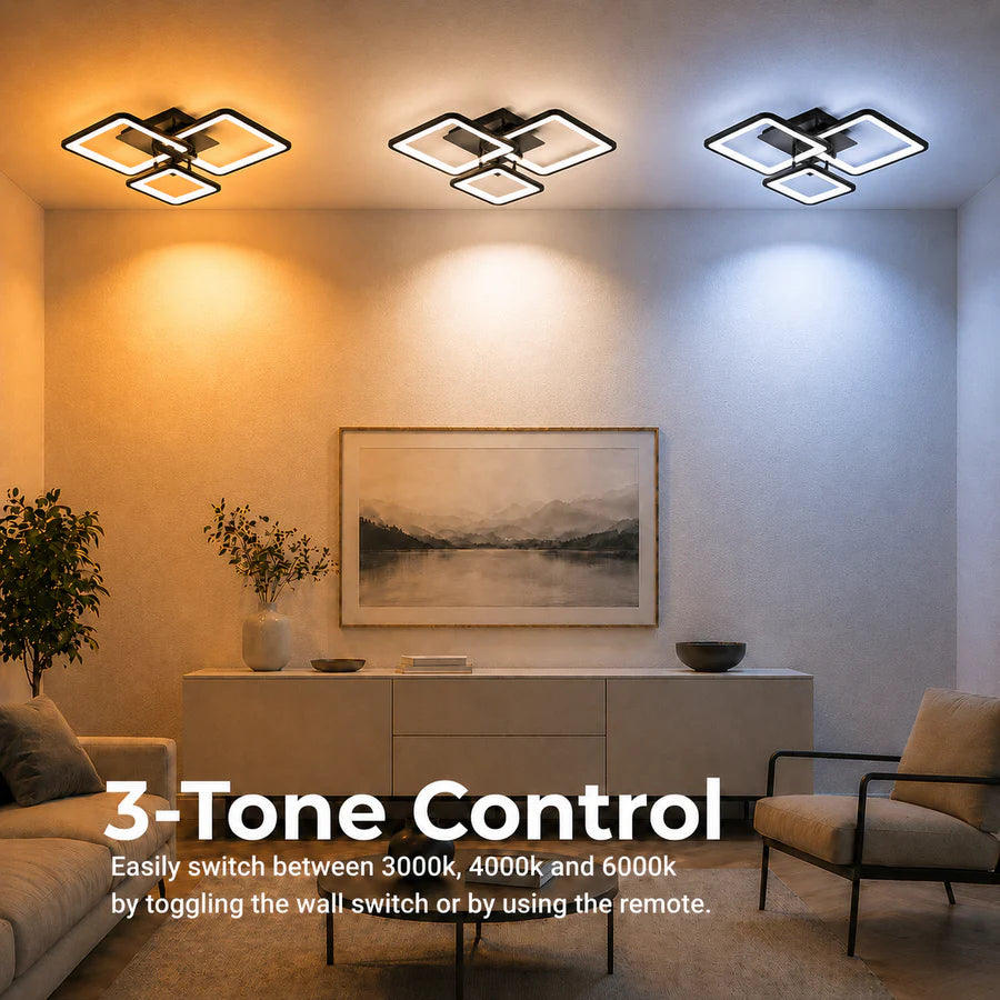 Lustra LED cu telecomanda ZOE 60W, 3 Patrate, lumina Rece/Calda/Neutra, Dimabila, Negru