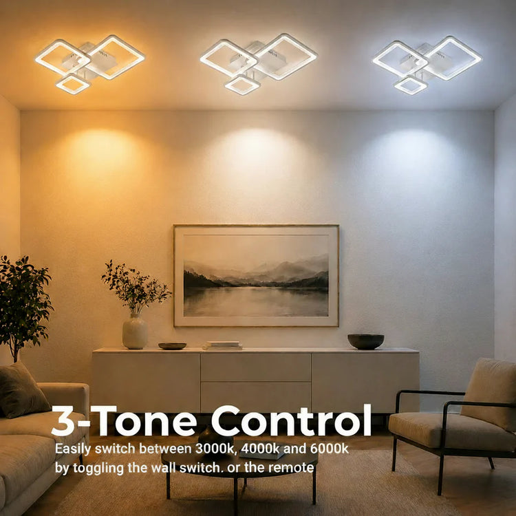 Lustra LED cu telecomanda ZOE, 60W, 3 Patrate, lumina Rece/Calda/Neutra, Dimabila, Alb