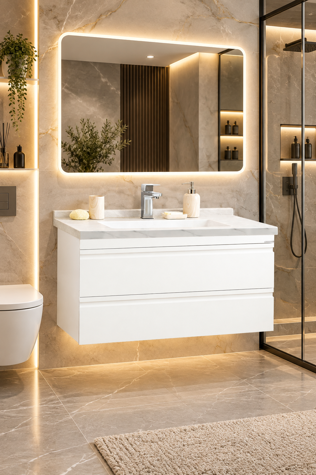 SERIA 786 100CM - Mobilier Baie Suspendat ALB 2 SRT, Lavoar Ceramic