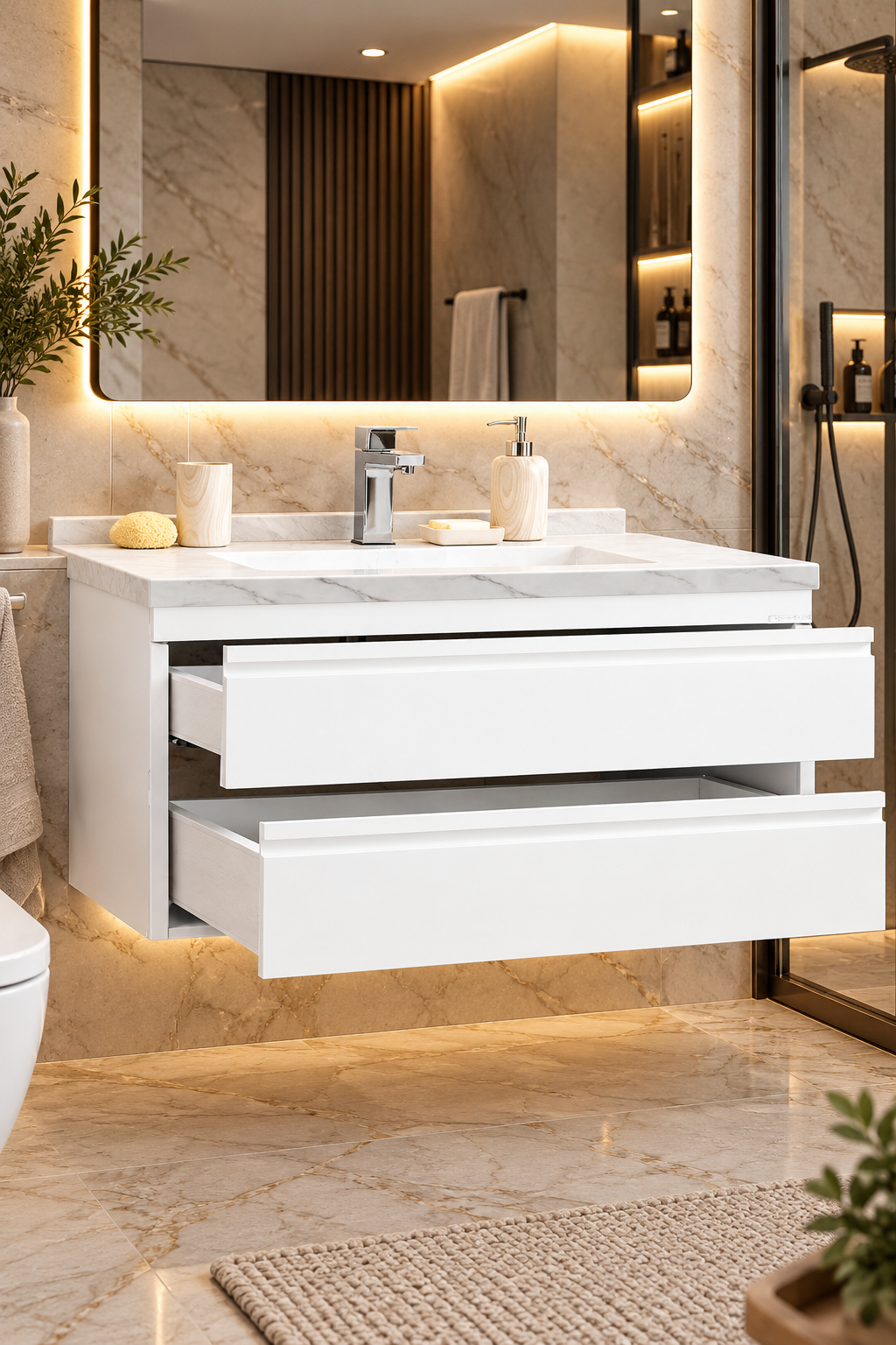 SERIA 786 100CM - Mobilier Baie Suspendat ALB 2 SRT, Lavoar Ceramic