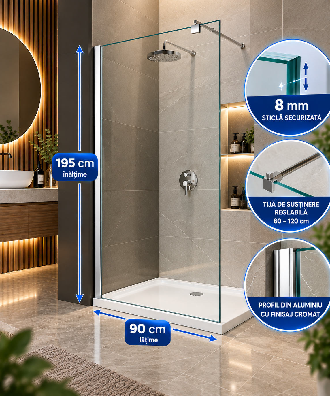 CELESTA - 90X195CM - Paravan dus sticla 8mm, transparenta, rama cromata-2