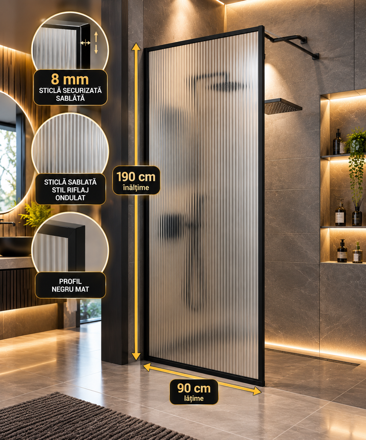 TEMPO - 90X190CM - Paravan dus sticla 8mm, sablata, rama neagra