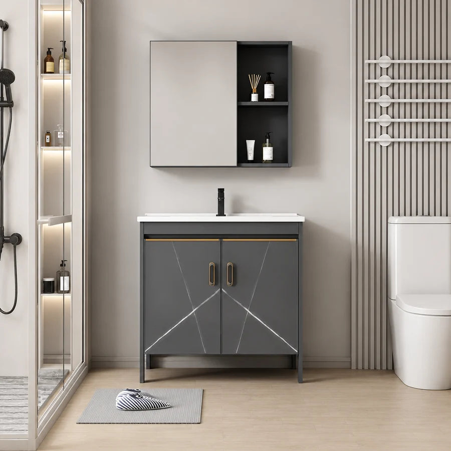 Set Mobilier SIENA pentru Baie ,Dulap Lavoar+Dulap Oglinda 60cm, 2 Piese, Gri si Alb-3