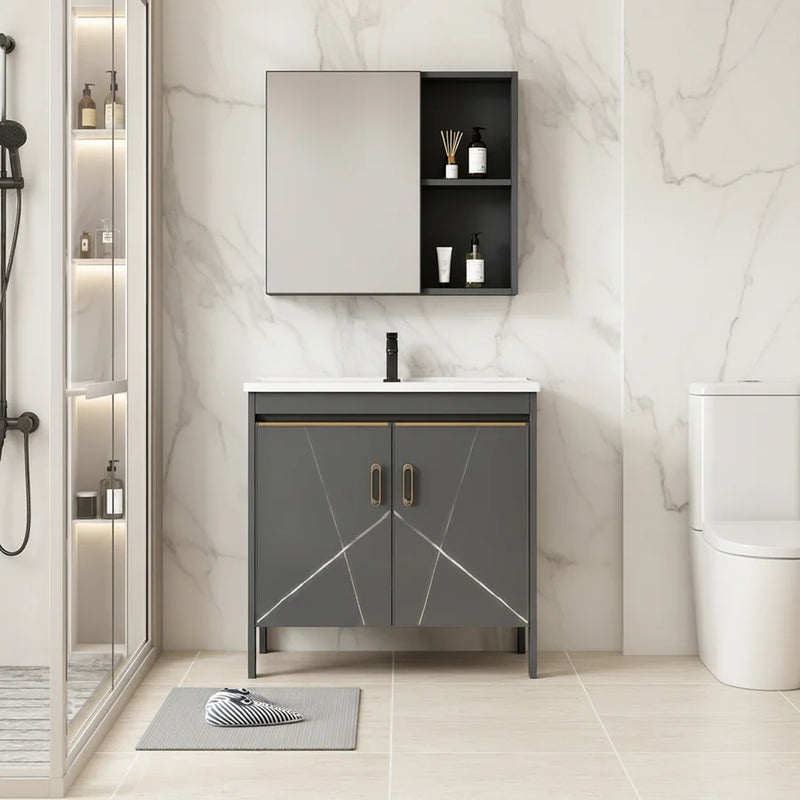 Set Mobilier SIENA pentru Baie ,Dulap Lavoar+Dulap Oglinda 60cm, 2 Piese, Gri si Alb-2