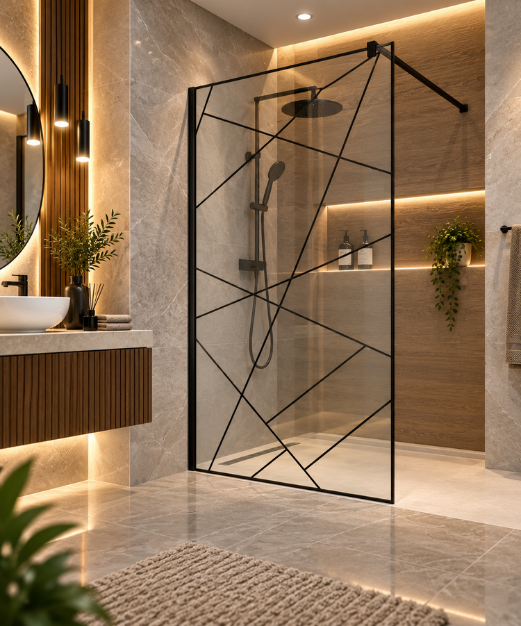 PB04/9X - 90X195CM - Paravan dus sticla 8mm, transparenta/model, rama neagra