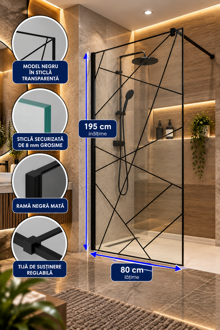 PB04/8X - 80X195CM - Paravan dus sticla 8mm, transparent/model, rama neagra