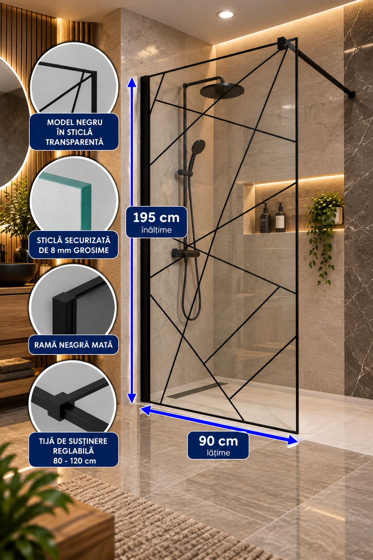 PB04/9X - 90X195CM - Paravan dus sticla 8mm, transparenta/model, rama neagra
