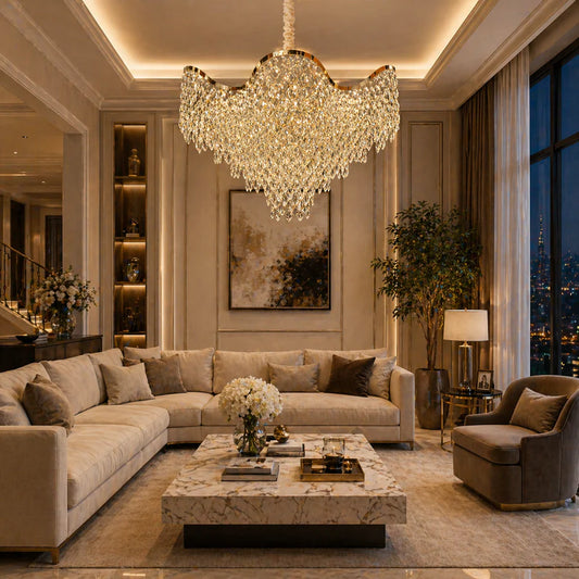 Candelabru Cristal VELOURA Supremo 28xE14, D100 cm, Auriu, Inaltime Reglabila, Metal si Cristal