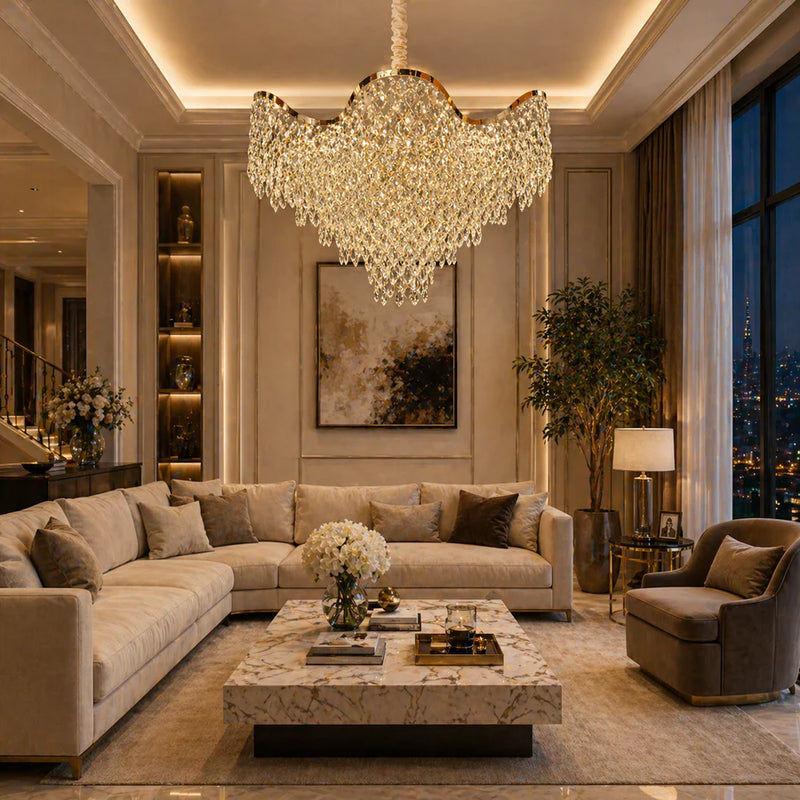 Candelabru Cristal VELOURA Supremo 28xE14, D100 cm, Auriu, Inaltime Reglabila, Metal si Cristal-1