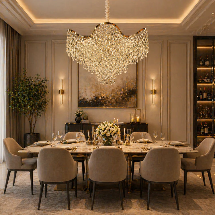 Candelabru Cristal VELOURA Supremo 28xE14, D100 cm, Auriu, Inaltime Reglabila, Metal si Cristal