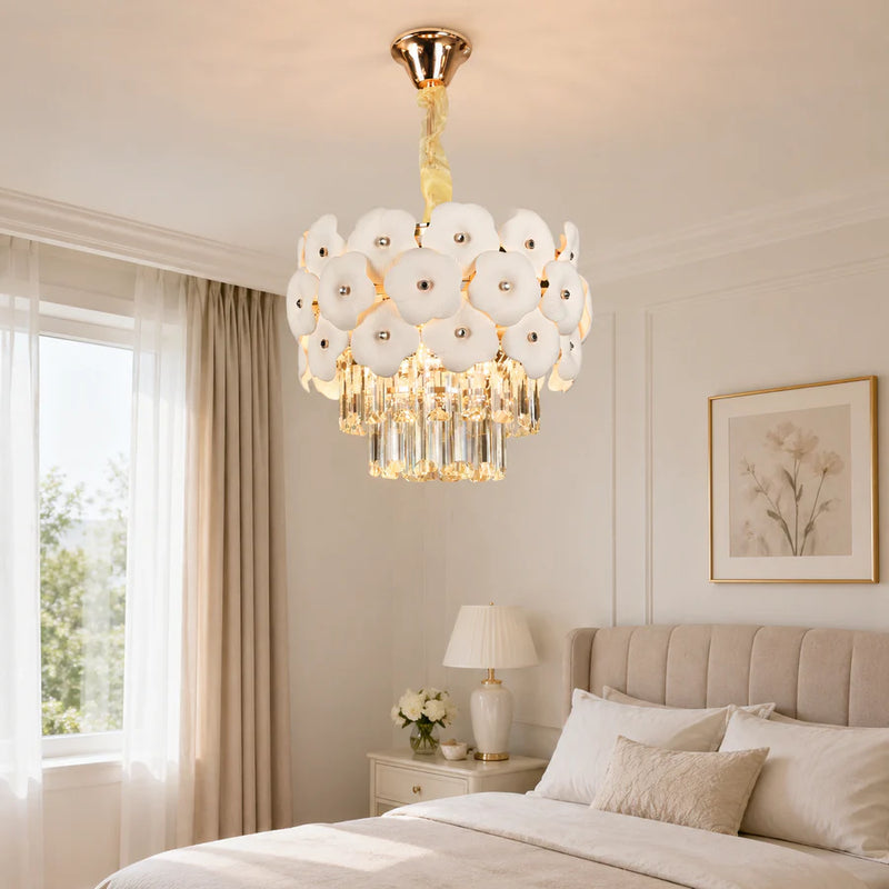 Candelabru Cristal PETAL Petito 3xE14, D30 cm, Auriu, Inaltime Reglabila, Metal si Cristal-2