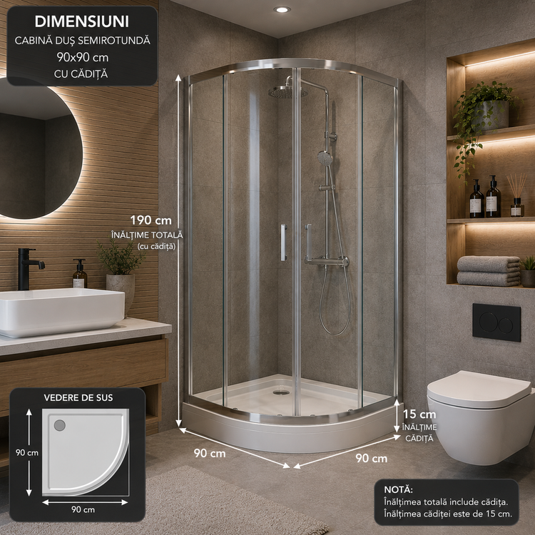 Cabina de dus simpla Celesta Titan, semirotunda, sticla transparenta 6 mm, 90 x 90 x 190 cm, profil crom