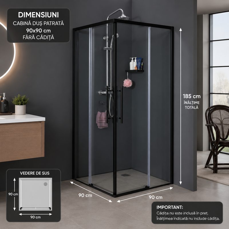 Cabina dus patrat mat neru 5mm sticla 90x90cm RDR33 GLADYS-2