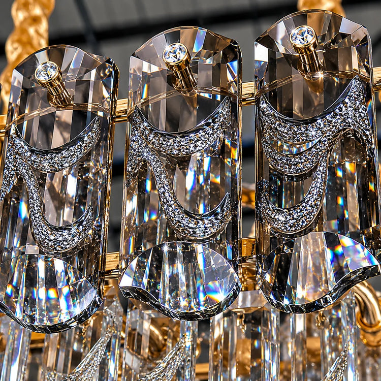 Candelabru Cristal AURUM Nobile 9xE14, Diametru 40cm, Inaltime 30cm, Auriu Lucios, Inaltime Reglabila, Design Elegant