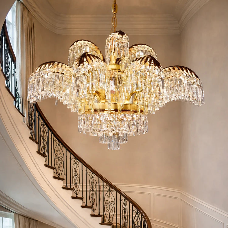 Candelabru Cristal PALACE Imperio, 15 brate, 22xG9, D98cm, Auriu Lucios, Inaltime Reglabila, Metal si Cristal