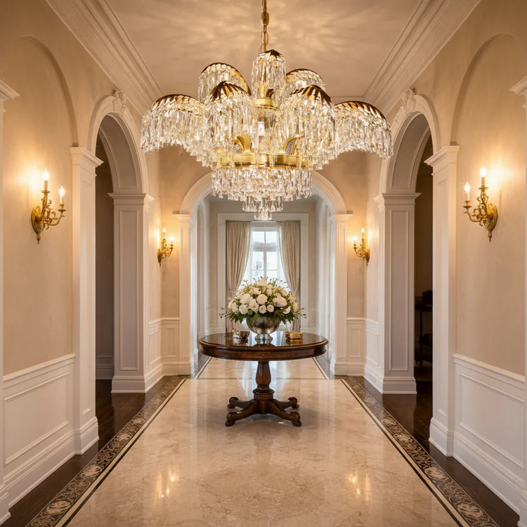 Candelabru Cristal PALACE, 8 brate, D80cm, Auriu Lucios, Inaltime Reglabila, Metal si Cristal
