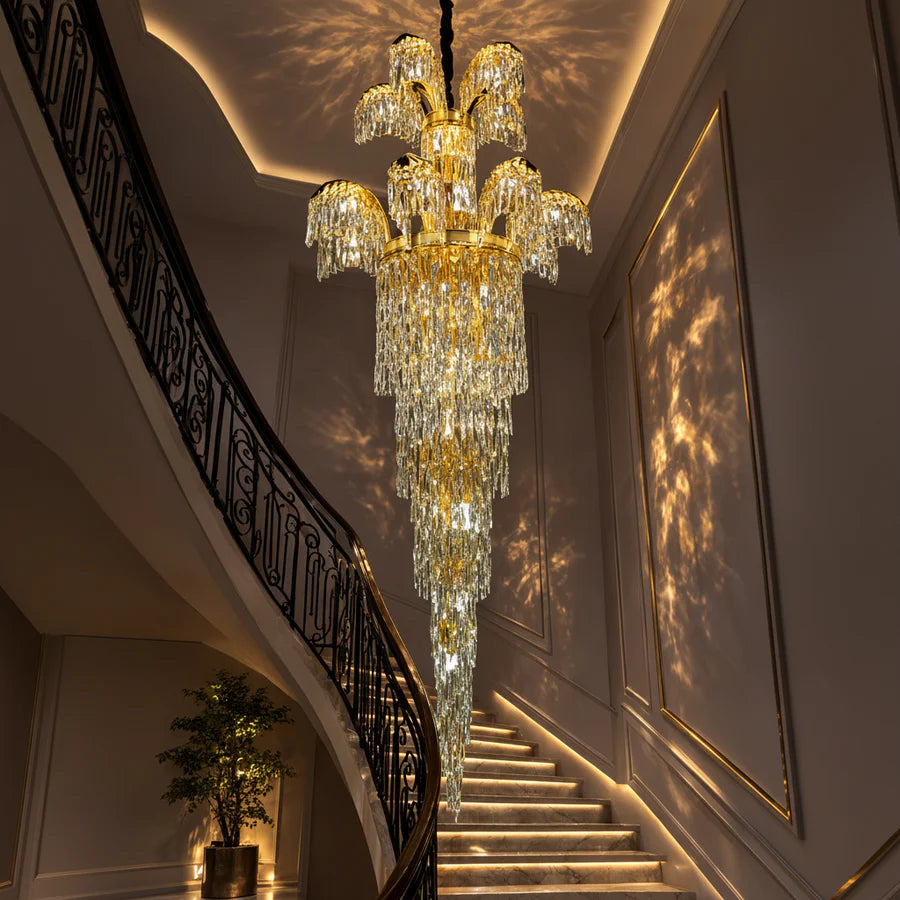 Candelabru Cristal PALACE Regalis, 13 brate, 29xG9, D80cm, Auriu Lucios, Inaltime Reglabila, Metal si Cristal