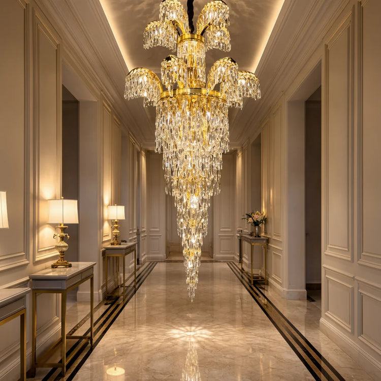 Candelabru Cristal PALACE Regalis, 13 brate, 29xG9, D80cm, Auriu Lucios, Inaltime Reglabila, Metal si Cristal
