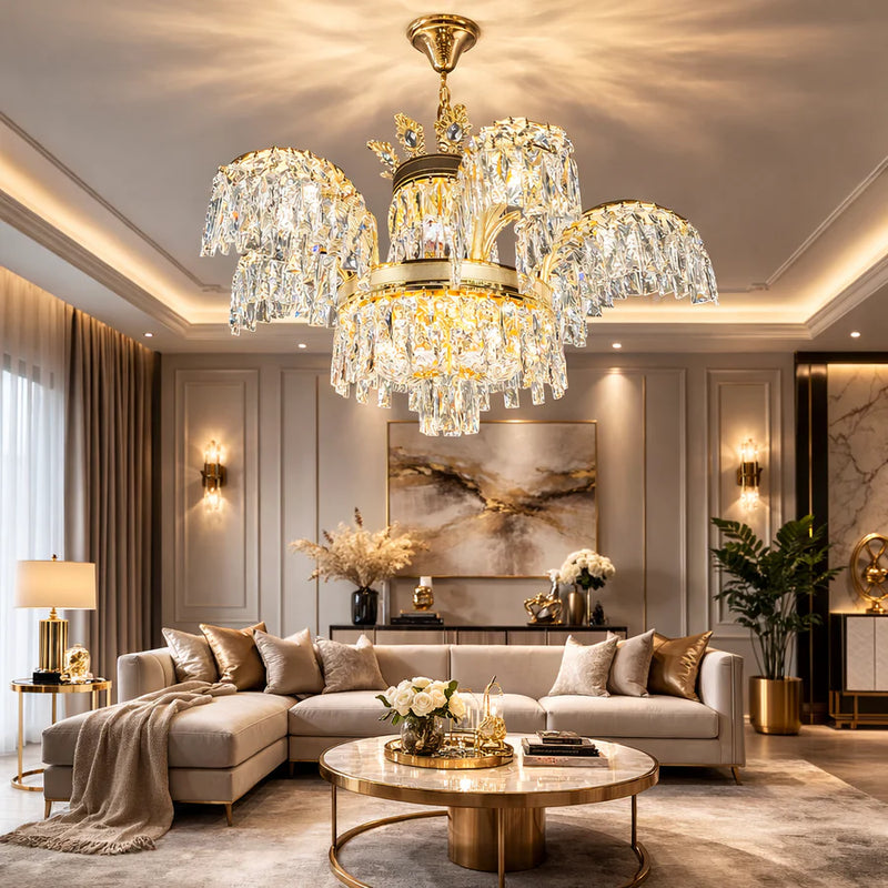 Candelabru Cristal PALACE, 6 brate, 12xG9, D69cm, Auriu Lucios, Inaltime Reglabila, Metal si Cristal-1