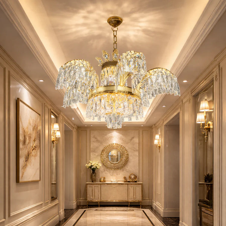 Candelabru Cristal PALACE, 6 brate, 12xG9, D69cm, Auriu Lucios, Inaltime Reglabila, Metal si Cristal