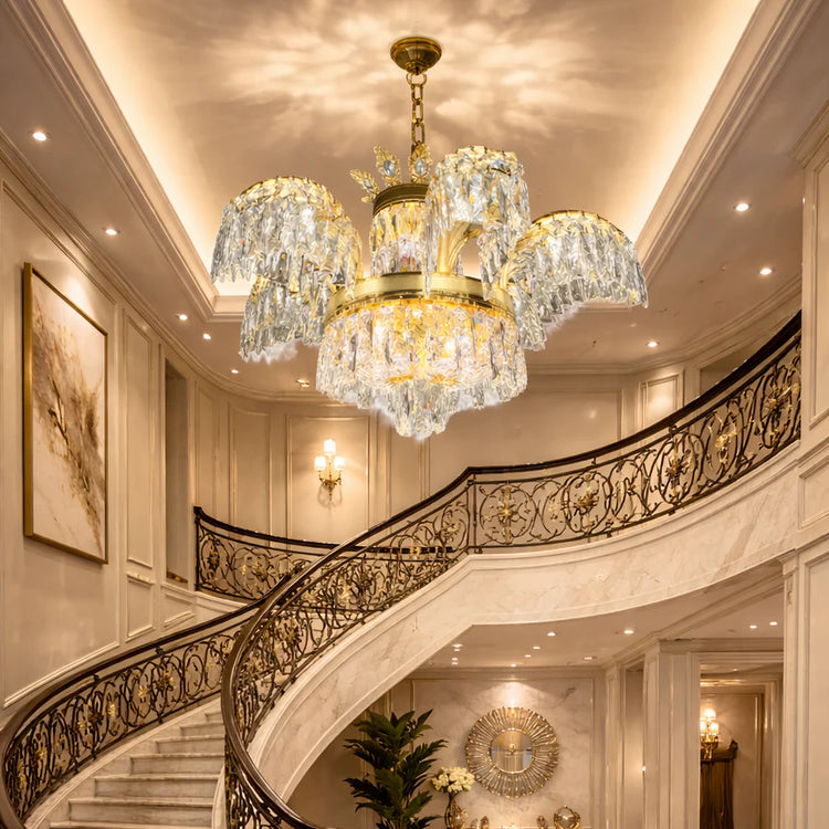 Candelabru Cristal PALACE, 6 brate, 12xG9, D69cm, Auriu Lucios, Inaltime Reglabila, Metal si Cristal