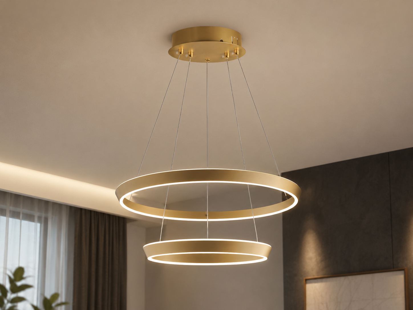 Lustra LED Tip Pendul, Cu Telecomanda, 3 Tipuri De Lumina, Inaltime Reglabila, 146W, Auriu