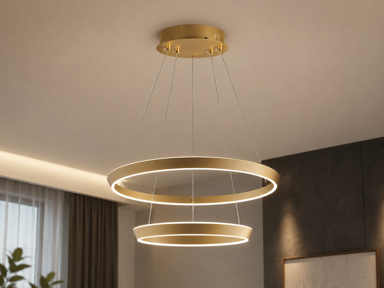 Lustra LED Tip Pendul, Cu Telecomanda, 3 Tipuri De Lumina, Inaltime Reglabila, 146W, Auriu