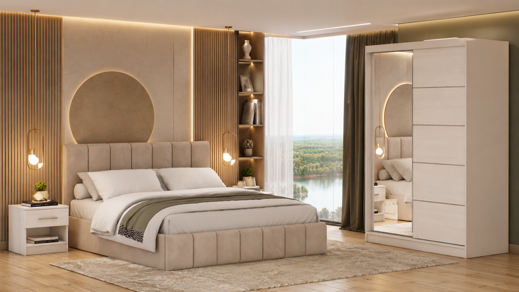 Dormitor Ina cu oglinda cappuccino/pin 150cm + saltea 160x200x20cm