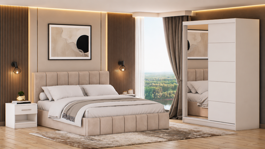 Dormitor Ina cu oglinda cappuccino/alb 150cm + saltea 160x200x20cm