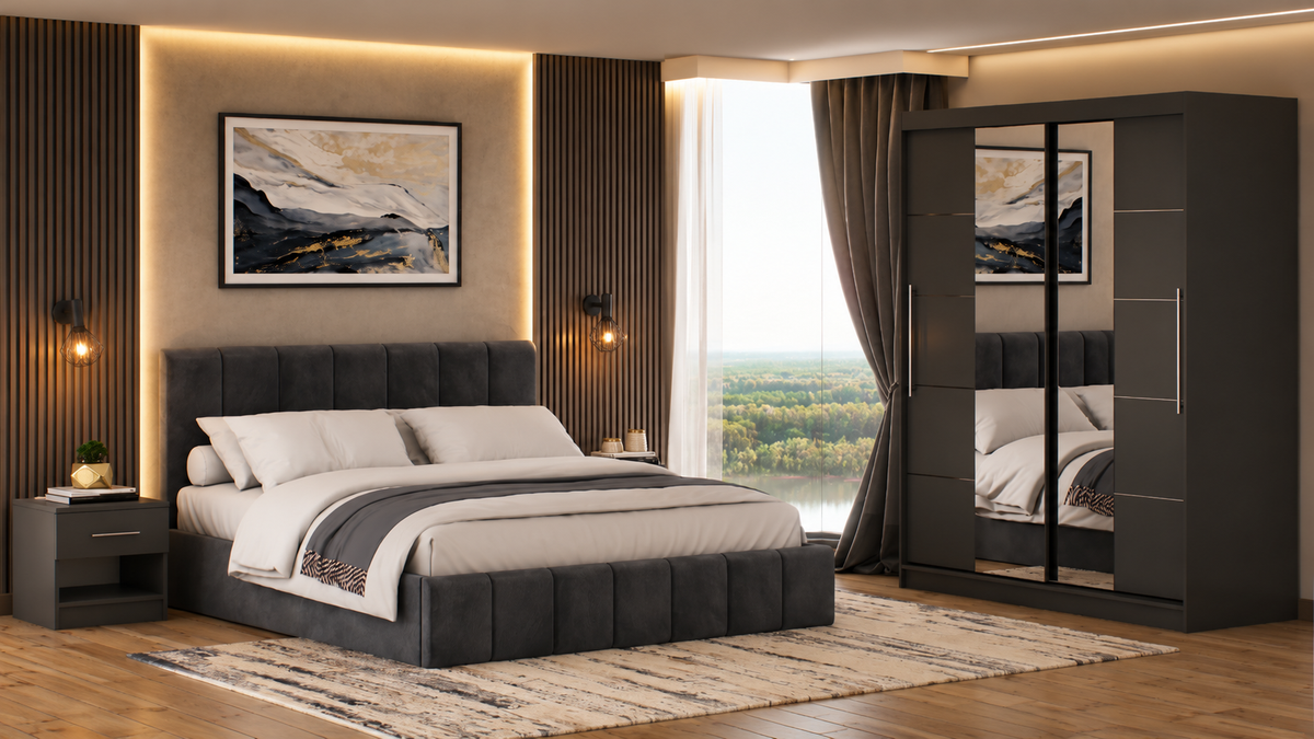 Dormitor Radu cu oginda gri inchis/gri 180cm + saltea 160x200x20cm
