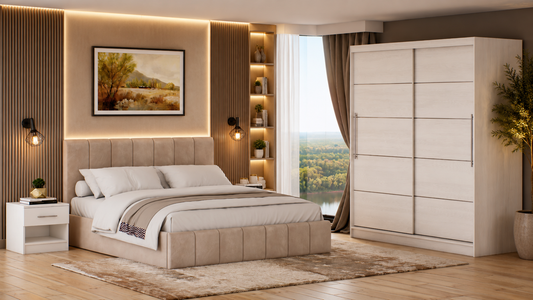 Dormitor Sara fara oglinda cappuccino/pin 200cm + saltea 160x200x20cm