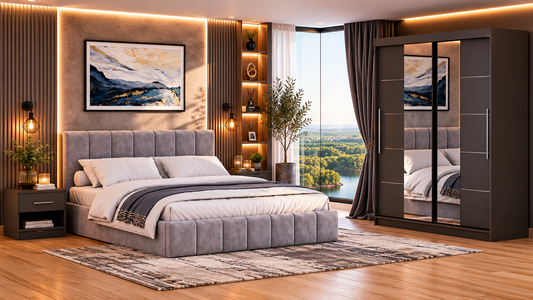 Dormitor Radu cu oglinda gri deschis/gri 180cm + saltea 160x200x20cm