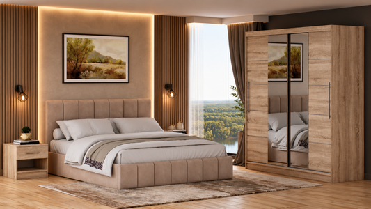 Dormitor Radu cu oglinda cappuccino/sonoma 180cm + saltea 160x200x20cm