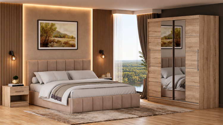 Dormitor Radu cu oglinda cappuccino/sonoma 180cm + saltea 160x200x20cm