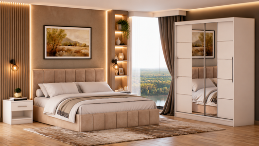 Dormitor Sara cu oglinda cappuccino/alb 200cm + saltea 160x200x20cm