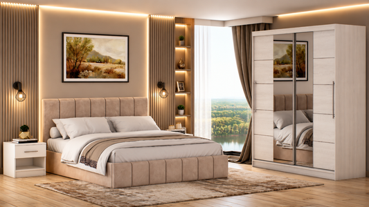 Dormitor Sara cu oglinda cappuccino/pin 200cm + saltea 160x200x20cm