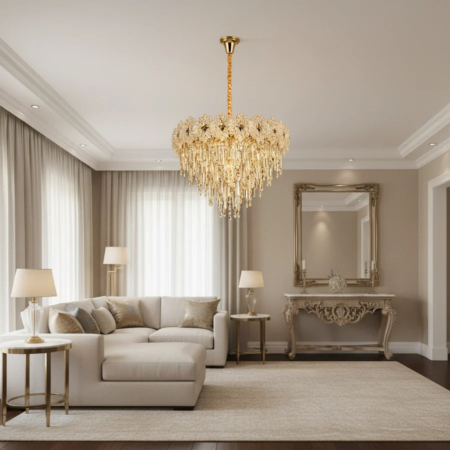 Candelabru Cristal FLEUR Magno 12xE14, Diametru 60cm, Inaltime 45cm, Auriu Lucios, Inaltime Reglabila, Design Elegant
