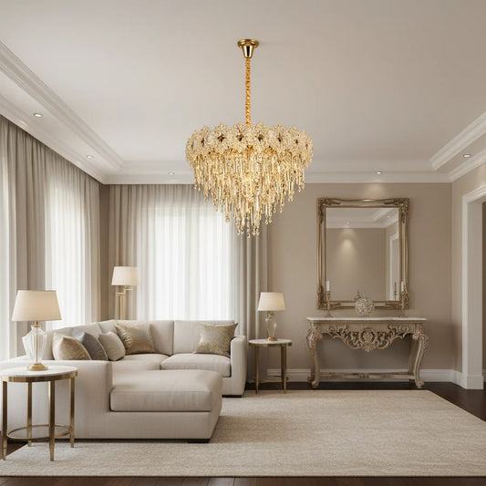 Candelabru Cristal FLEUR Magno 12xE14, Diametru 60cm, Inaltime 45cm, Auriu Lucios, Inaltime Reglabila, Design Elegant