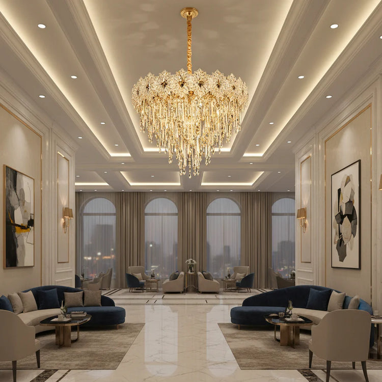 Candelabru Cristal FLEUR Magno 12xE14, Diametru 60cm, Inaltime 45cm, Auriu Lucios, Inaltime Reglabila, Design Elegant