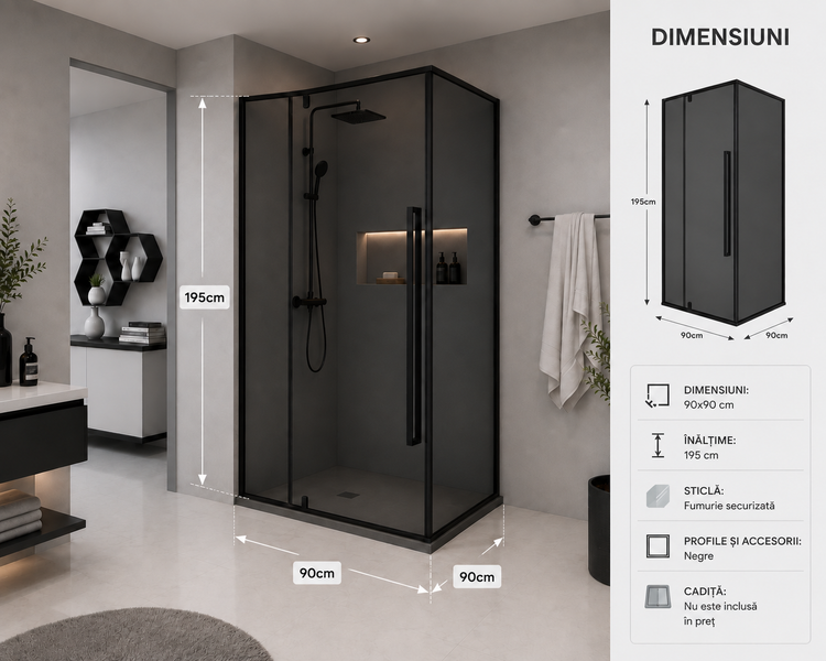 Cabina Dus Sticla 8mm, Fumuriu, 90x90x195cm
