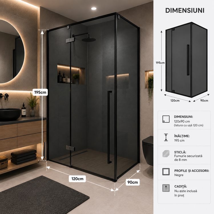Cabina Dus Sticla 8mm, Fumuriu, 90x120x195cm