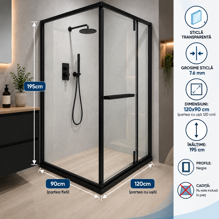 Cabina Dus Sticla 7.6mm, Transparenta, 90x120x195cm