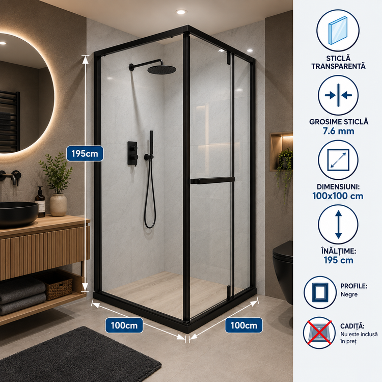 Cabina Dus Sticla 7.6mm, Transparent, 100x100x195cm