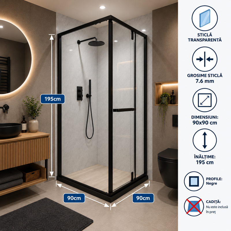 Cabina Dus Sticla 7.6mm, Transparent, 90x90x195cm-2
