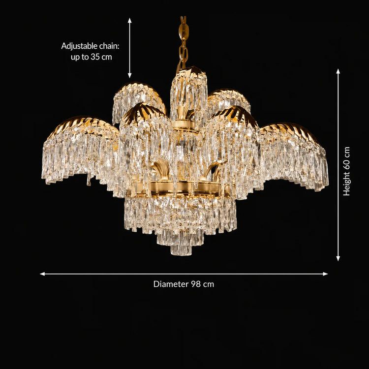Candelabru Cristal PALACE Imperio, 15 brate, 22xG9, D98cm, Auriu Lucios, Inaltime Reglabila, Metal si Cristal