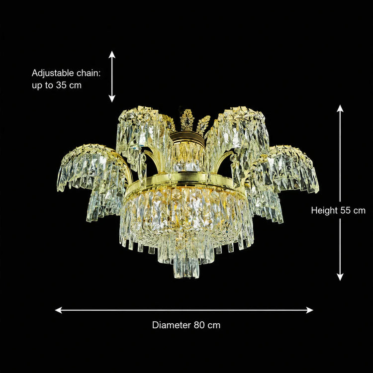 Candelabru Cristal PALACE, 8 brate, D80cm, Auriu Lucios, Inaltime Reglabila, Metal si Cristal
