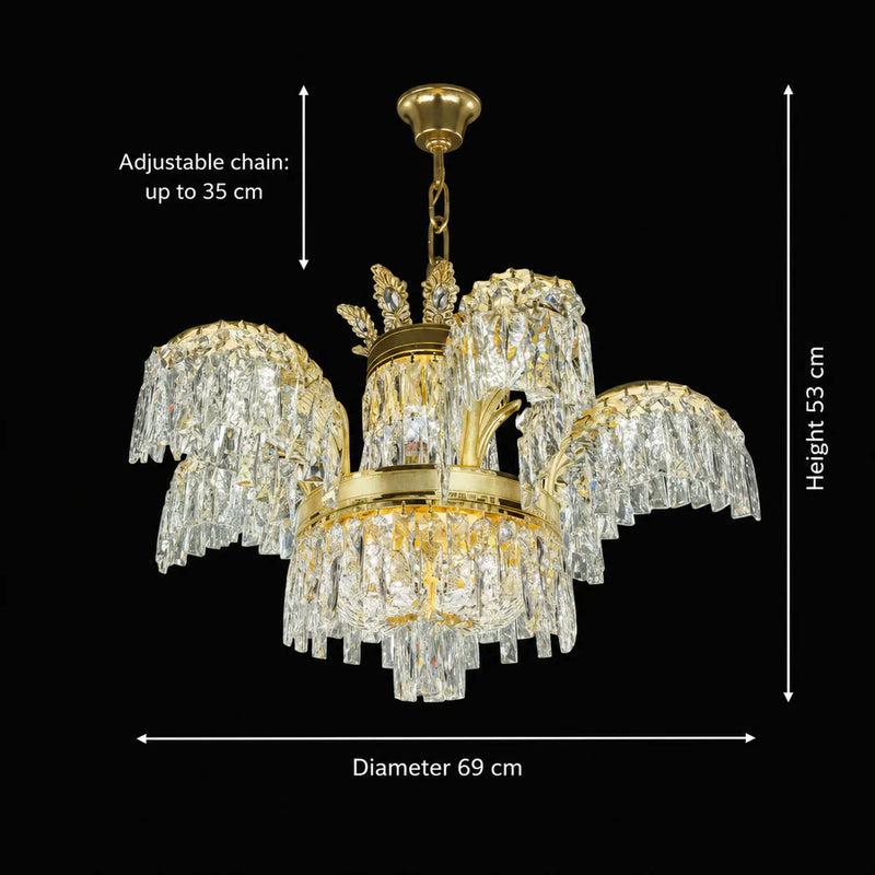 Candelabru Cristal PALACE, 6 brate, 12xG9, D69cm, Auriu Lucios, Inaltime Reglabila, Metal si Cristal-4