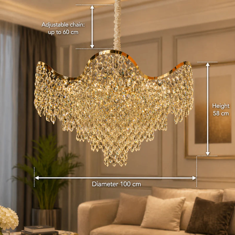Candelabru Cristal VELOURA Supremo 28xE14, D100 cm, Auriu, Inaltime Reglabila, Metal si Cristal-4